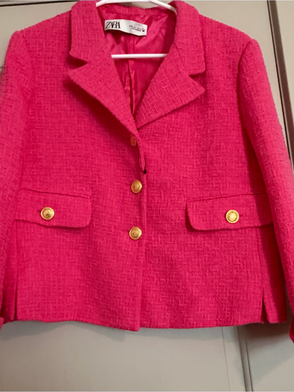 ZARA Hot Pink Tweed Blazer with Gold Buttons